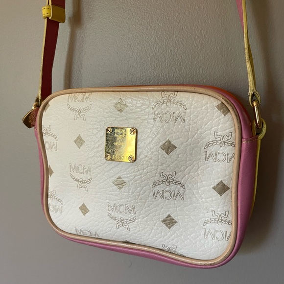 MCM Visetos Small Mini TwoWay Crossbody Leather Zip Bag Pink White Yellow Orange - Picture 2 of 9